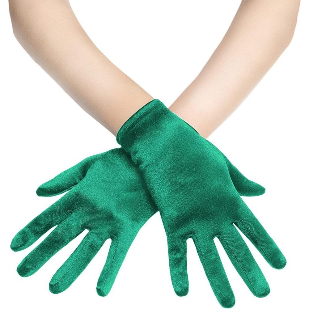 Women's Dark Green Satin Silk Gloves Banquet Wedding Party Costume Accessories